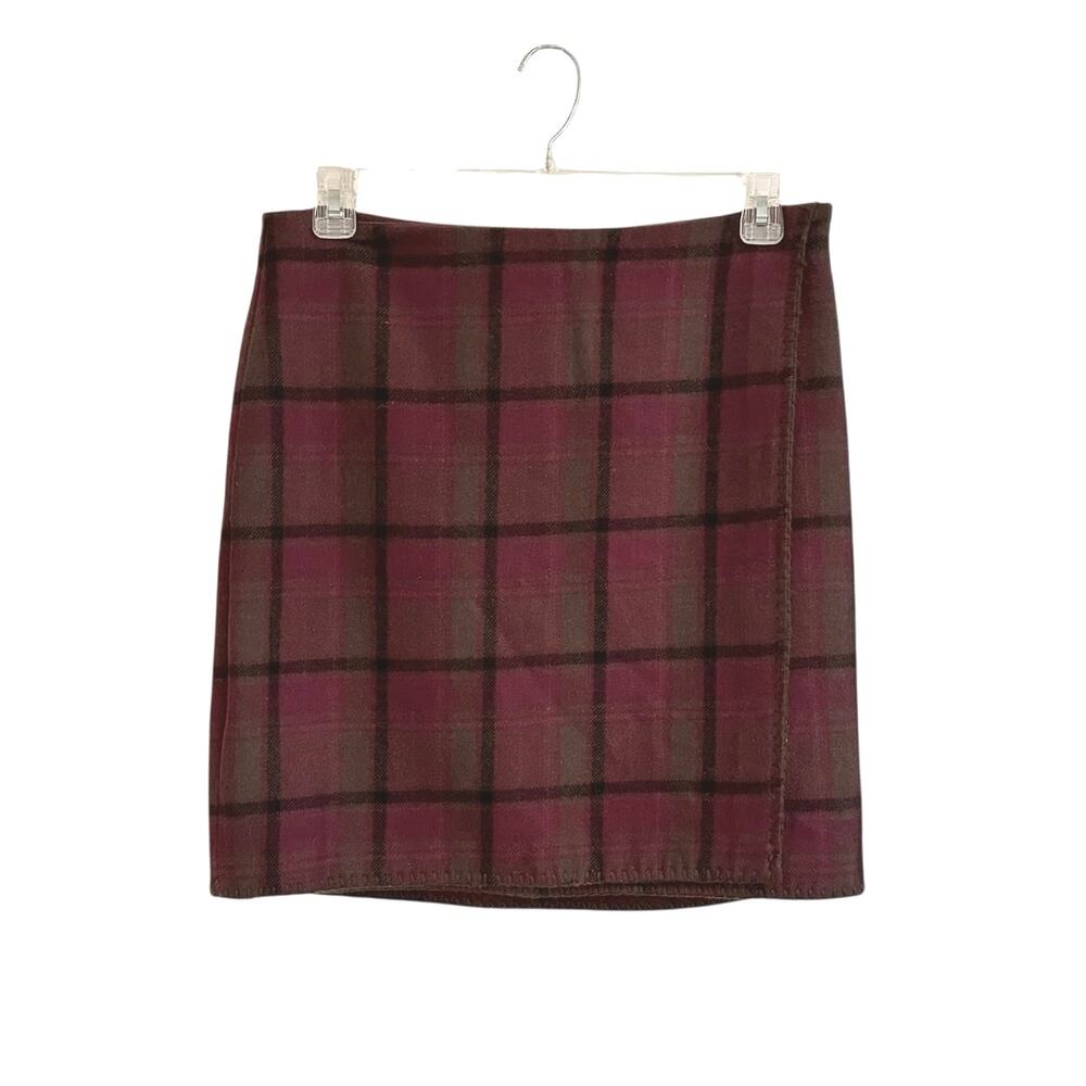 Eddie Bauer Wool Plaid Faux Wrap Straight Skirt Sz 10 Academia Burg Red Green